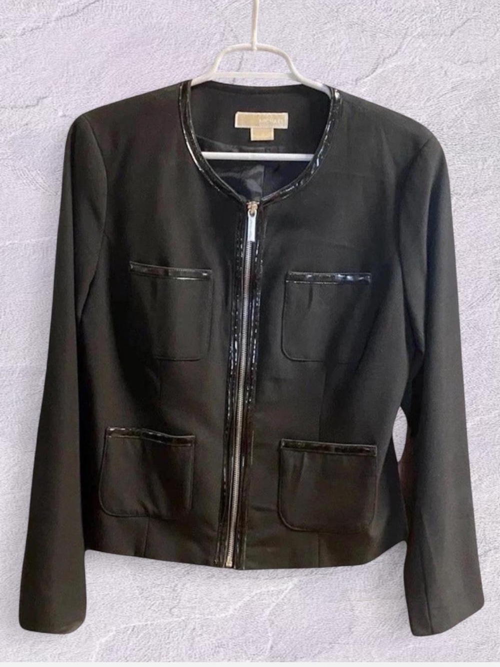 MICHAEL Michael Kors Black Patent Faux Leather Trim Zip Front Jacket Size 12